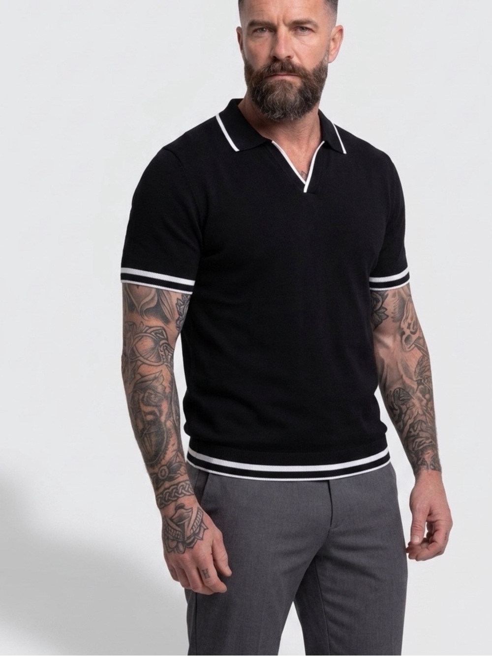 JF J. Ferrar Textured Knit Johnny Collar Polo Shirt Black with White Contrast